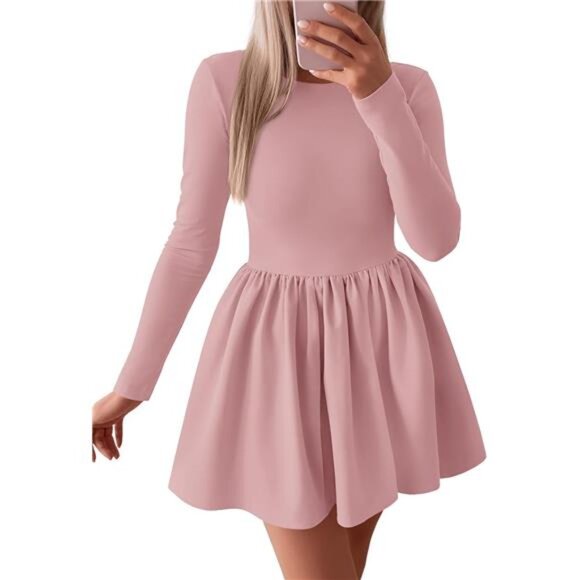 Women's Long Sleeve Mini Dresses Pink - Picture 1 of 6